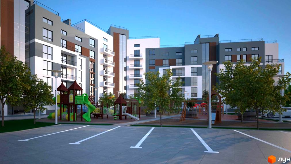 Житловий комплекс Luxury Square: фасади будівель з панорамними вікнами та балконами, дитячий майданчик та парковка.