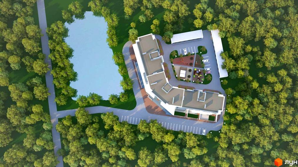 Житловий комплекс Luxury Square з унікальною архітектурою, розташований біля озера та оточений зеленими деревами. На території комплексу облаштований дитячий майданчик та парковка.