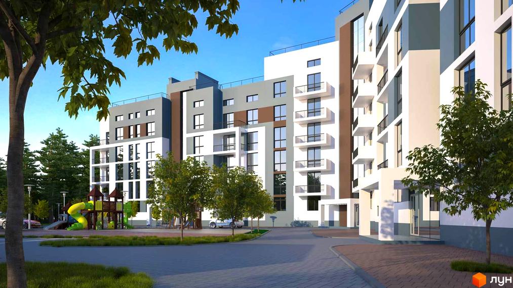 Зовнішній вигляд житлового комплексу Luxury Square з балконами та вікнами, поруч дитячий майданчик та дерева.