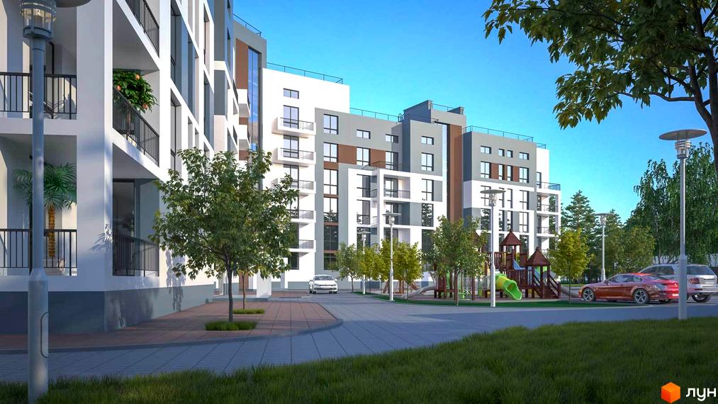 Зовнішній вигляд житлового комплексу Luxury Square з балконами та вікнами, дитячий майданчик та автомобілі на прибудинковій території.