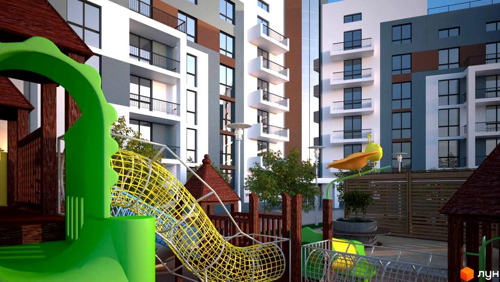 Житловий комплекс Luxury Square з дитячим майданчиком. Сучасна архітектура новобудови та зелена прибудинкова територія.