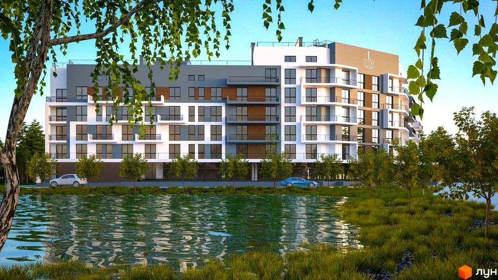 Житловий комплекс Luxury Square - це багатоповерхова новобудова з балконами та великими вікнами, розташована біля водойми з зеленою прибудинковою територією.