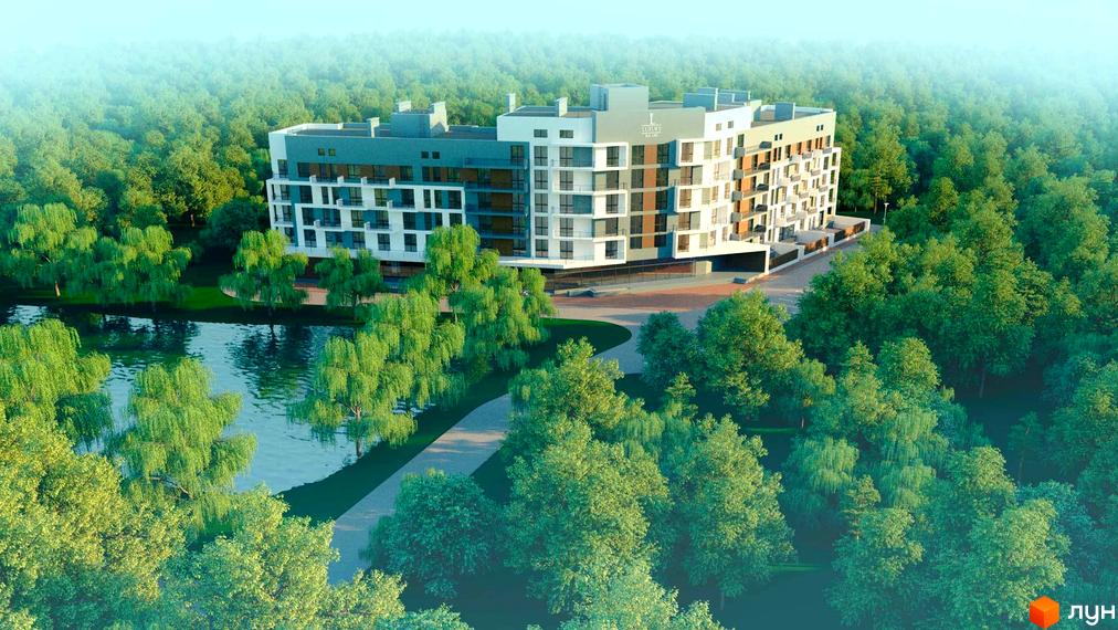 Житловий комплекс Luxury Square - це сучасна новобудова з вишуканою архітектурою, розташована серед мальовничого парку біля озера. Комплекс має багатоповерхові секції з балконами та панорамними вікнами, що гармонійно вписуються в природний ландшафт.