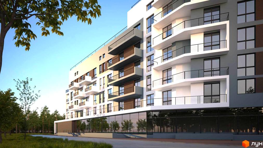 Житловий комплекс Luxury Square з балконами та панорамними вікнами на тлі дерев. Зовнішній вигляд будівлі та прибудинкова територія.