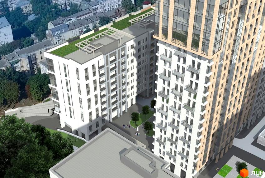 Житловий комплекс Ярославів Град: сучасна архітектура з білими фасадами та балконами, зелена прибудинкова територія з деревами та людьми.