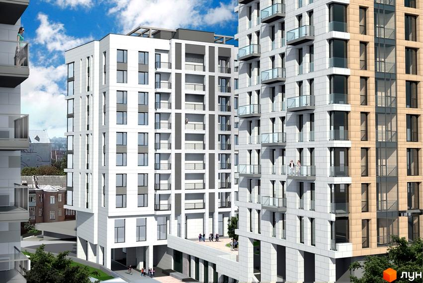 Сучасний житловий комплекс Ярославів Град з білими фасадами та скляними балконами. Навколо комплексу зелені насадження та доглянута територія.