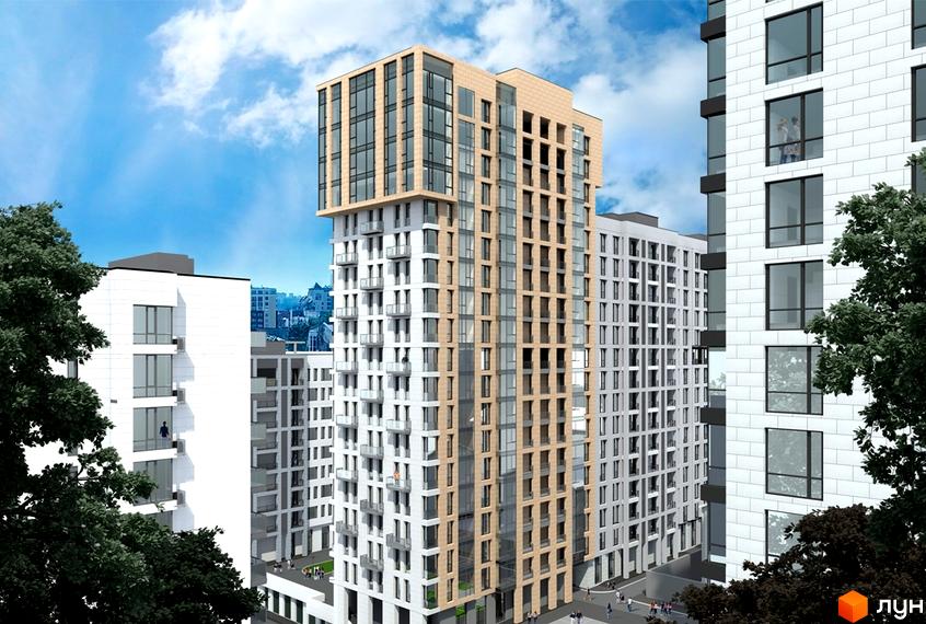 Зовнішній вигляд ЖК Ярославів Град з білою та бежевою обробкою фасаду, великими вікнами та балконами. Навколо будівлі зелені дерева та міський пейзаж.