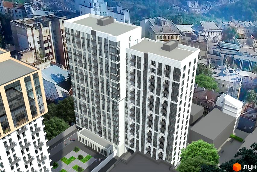 Зовнішній вигляд житлового комплексу Ярославів Град з білими фасадами та великою кількістю вікон. Прибудинкова територія з зеленими зонами та людьми.