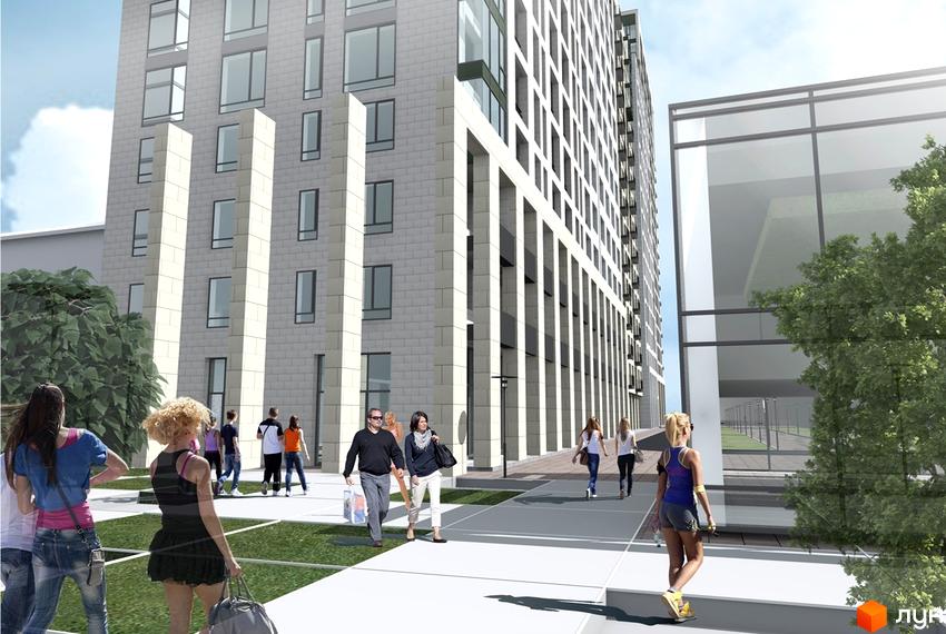 Зовнішній вигляд житлового комплексу Ярославів Град з кам'яним фасадом та великими вікнами. На прибудинковій території гуляють люди.