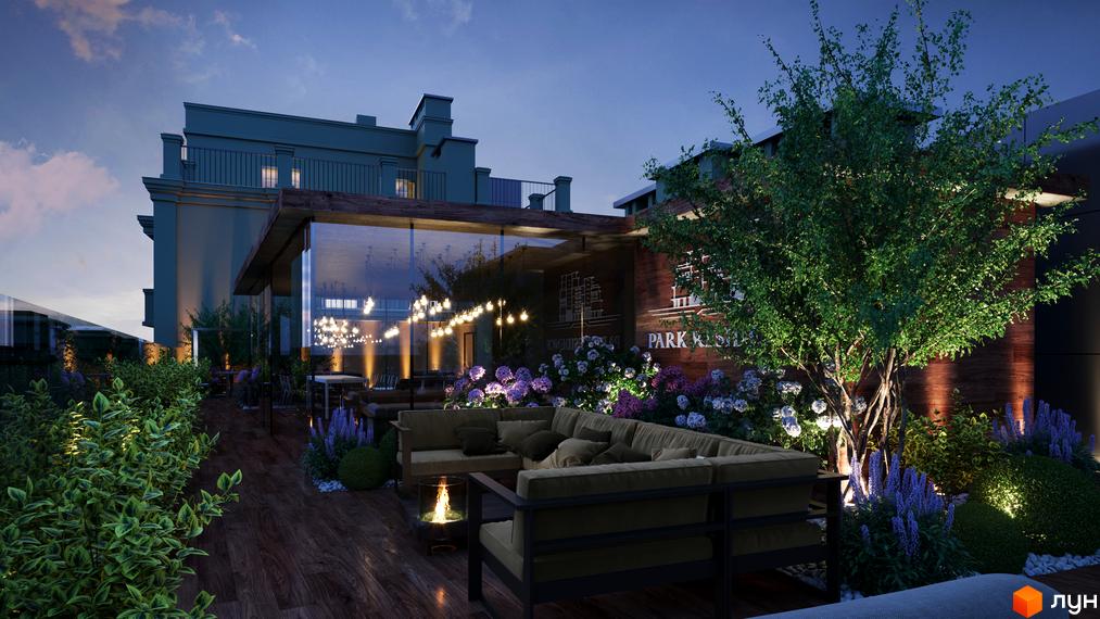 Візуалізація фасаду житлового комплексу Park Residence з терасою, зеленню та освітленням. Затишна зона відпочинку з диванами та каміном на відкритому повітрі.