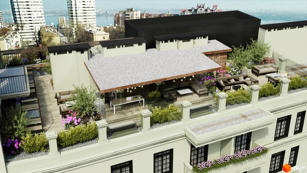 Дизайн тераси житлового комплексу Park Residence з м'якими меблями та зеленню. Відкритий простір з видом на місто та річку.