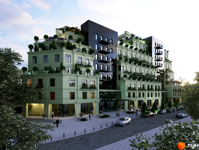 Житловий комплекс Park Residence: багатоповерхова будівля світло-зеленого кольору з балконами, прикрашеними рослинами, та чорними вставками. Навколо будівлі розташована доглянута прибудинкова територія з деревами та припаркованими автомобілями.
