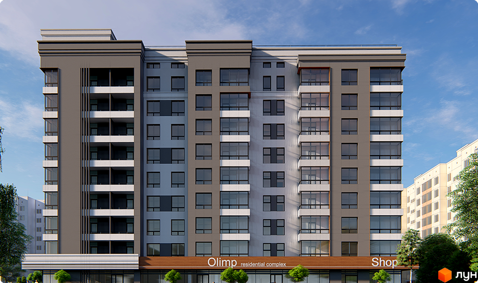 Фасад житлового комплексу Olimp residential complex. Багатоповерхова будівля з сірими та бежевими елементами, великими вікнами та балконами. Поруч видно дерева та сусідні будівлі.