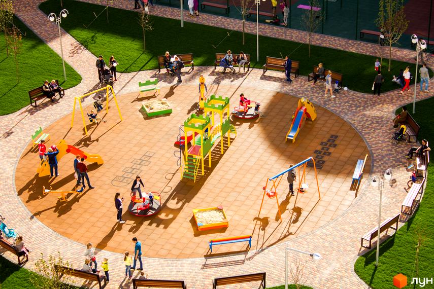 Дитячий майданчик житлового комплексу Рів'єра з різноманітними ігровими зонами та зонами відпочинку для дітей та дорослих. Зелена зона та доріжки для прогулянок.