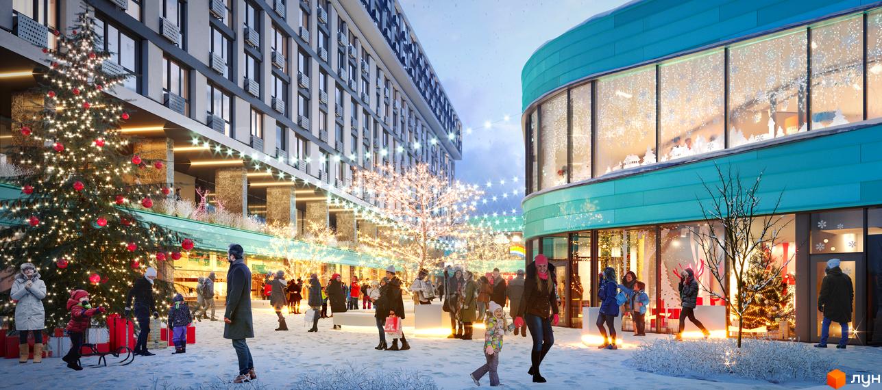 Житловий комплекс Славутич 2.0 у зимовому вбранні з новорічною ялинкою та святковою ілюмінацією. Прибудинкова територія прикрашена до свят.