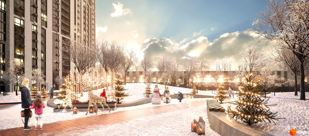 Багатоповерховий будинок Житлового комплексу Старт з великими вікнами. Прибудинкова територія взимку прикрашена ялинками, сніговиками та святковою ілюмінацією.