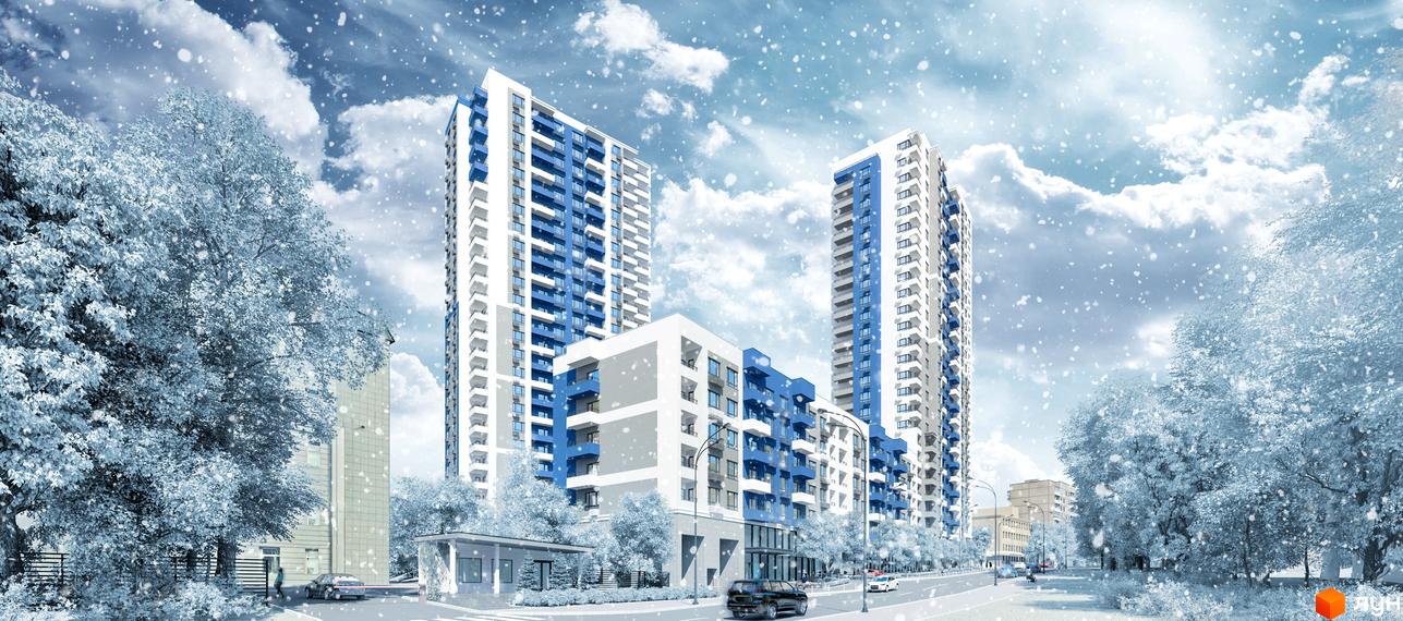 Житловий комплекс Воздухофлотський квартал у Києві. Сучасні висотні будівлі з синіми та білими фасадами, розташовані серед дерев у зимовому пейзажі зі снігом.