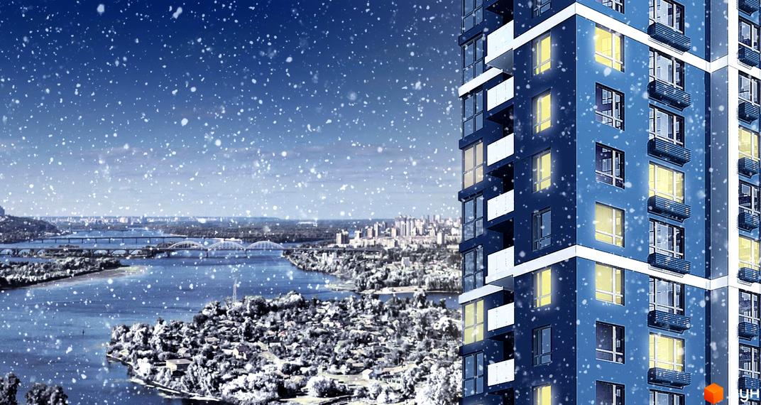 Зовнішній вигляд новобудови ЖК Зарічний взимку. Будинок з синіми фасадами та жовтими вікнами на тлі засніженого міста та річки.