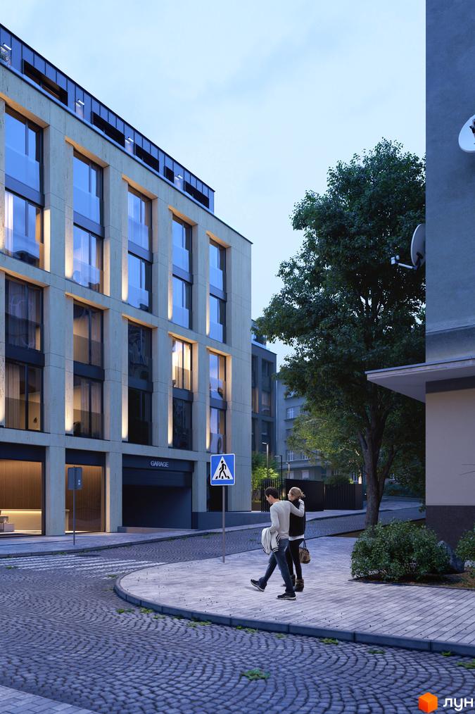 Житловий комплекс Avalon 37 - фасади будинку з панорамними вікнами та підсвіткою, міська вулиця з бруківкою та пішохідним переходом.