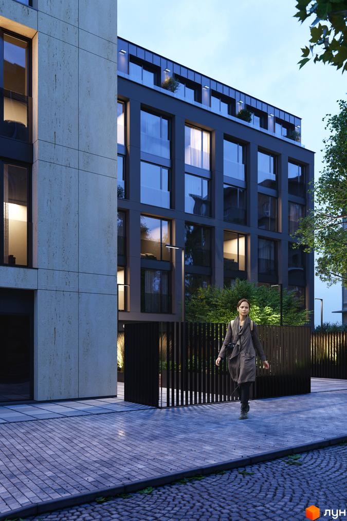 Житловий комплекс Avalon 37 з елегантною фасадною обробкою та великими вікнами. Прибудинкова територія з бруківкою та огорожею.