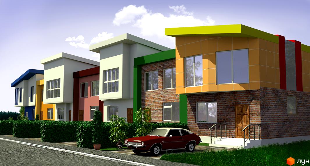 Котеджне містечко Радуга: фасади будинків з цегли та кольорових панелей, зелені насадження та автомобіль на подвір'ї. Сучасна архітектура новобудов.