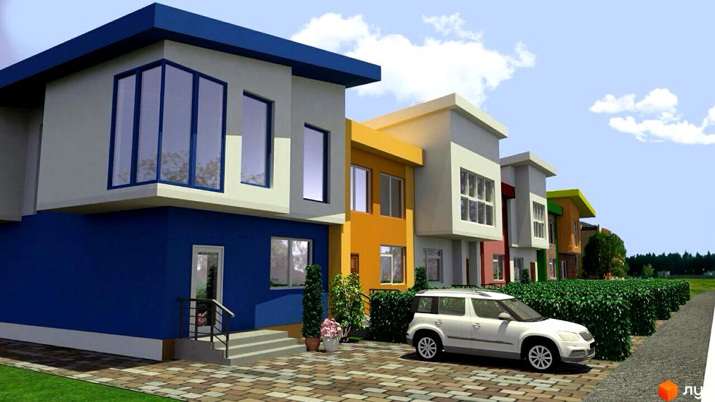 Котеджне містечко Радуга: фасади будинків у яскравих кольорах, вікна, що виходять на вулицю, та доглянута прибудинкова територія з кущами та автомобілем.