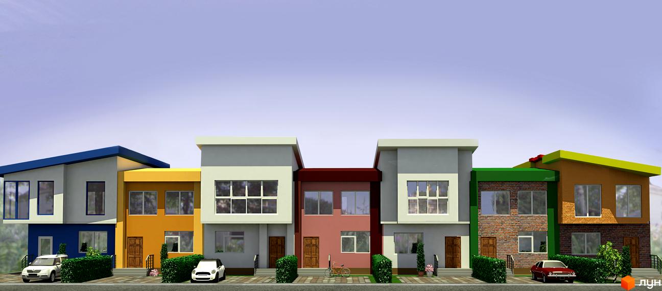 Котеджне містечко Радуга: фасади будинків у яскравих кольорах, сучасна архітектура та доглянута прибудинкова територія з автомобілями. Огляд новобудови.