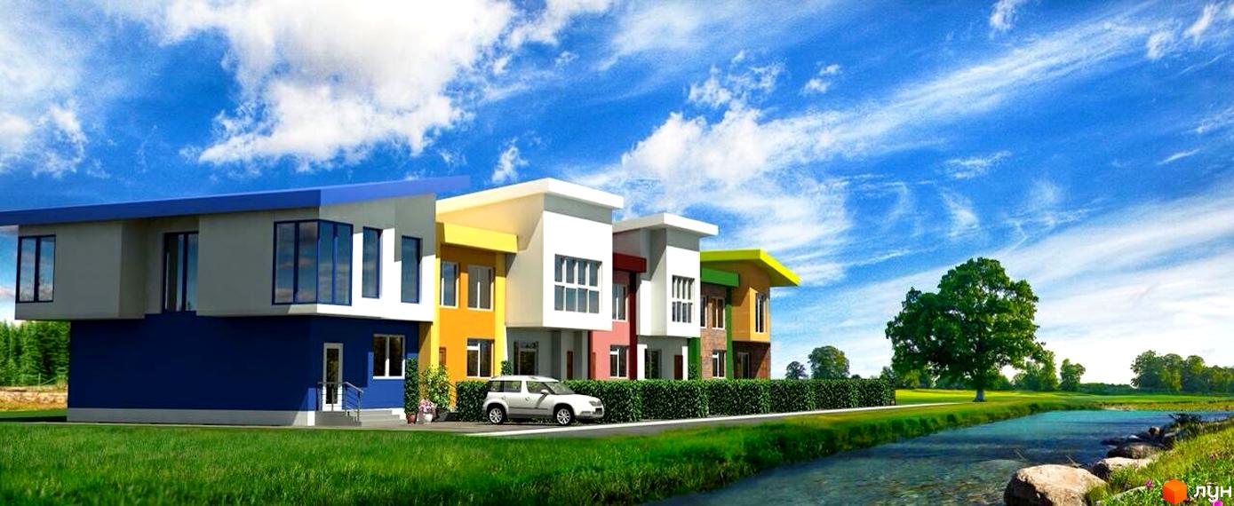 Котеджне містечко Радуга: яскраві фасади будинків та зелена територія з річкою. Сучасна архітектура новобудов у мальовничому місці.