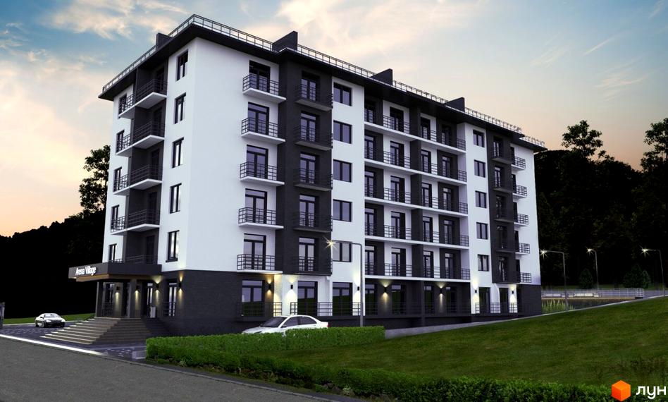 Зовнішній вигляд житлового комплексу Arena Village з білими та темними фасадами, балконами та прибудинковою територією з зеленими насадженнями.