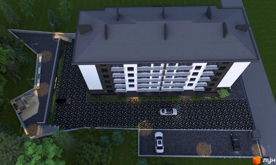 Житловий комплекс Arena Village: багатоповерховий будинок з балконами та прибудинковою територією з парковкою та зеленими насадженнями.