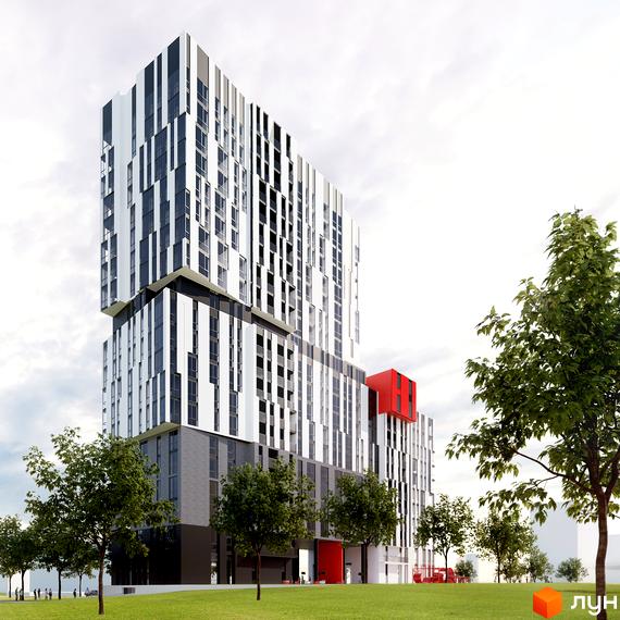 Зображення Житлового комплексу Сіті. Багатоповерхова будівля з вертикальними смугами на фасаді, поруч зелені дерева та газон.