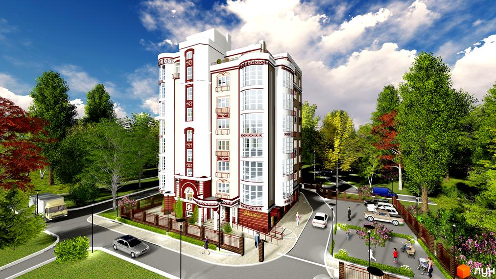 Клубний будинок „Едельвейс Феофанії“ з білими фасадами та витонченими деталями. На території комплексу є зелені насадження, місця для відпочинку та парковка для автомобілів.