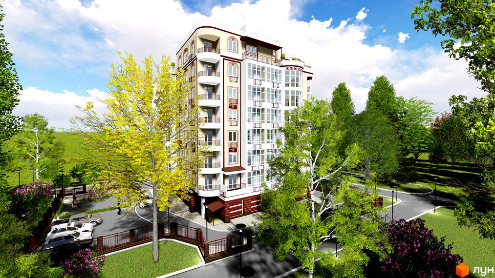 Клубний будинок „Едельвейс Феофанії“: світлий багатопоповерховий будинок з балконами та великими вікнами, оточений зеленими деревами та парковкою.