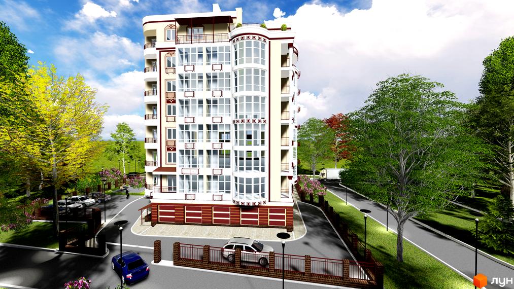 Клубний будинок Едельвейс Феофанії: світлий багатоповерховий будинок з великими вікнами та округлим фасадом, розташований серед зелені та доріжок.