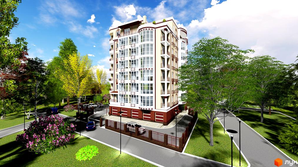 Клубний будинок „Едельвейс Феофанії“: багатоповерховий будинок з панорамними вікнами та балконами. На прибудинковій території є зелені насадження, доріжки та парковка.