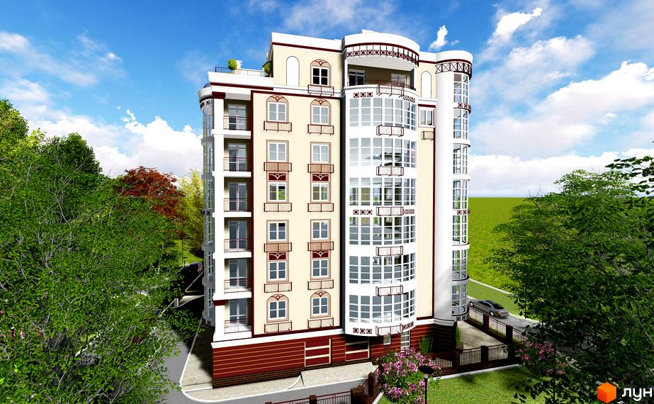 Клубний будинок Едельвейс Феофанії: багатоповерхова будівля з бежевим фасадом та скляними балконами, оточена зеленими деревами.