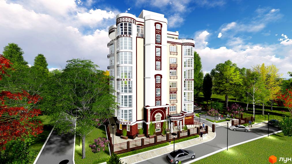 Клубний будинок „Едельвейс Феофанії“: багатоповерховий будинок з білими фасадами та декоративними елементами. На прибудинковій території розташовані зелені насадження, доріжки та парковка.