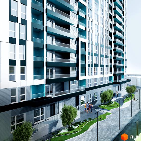 Зовнішній вигляд новобудови ЖК Lazur Sky з балконами та вікнами. Прибудинкова територія з зеленими насадженнями та доріжками.