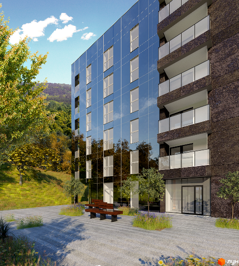 Житловий комплекс Silver Flow з дзеркальним фасадом та балконами. Перед будинком облаштована територія з лавкою та зеленими насадженнями.