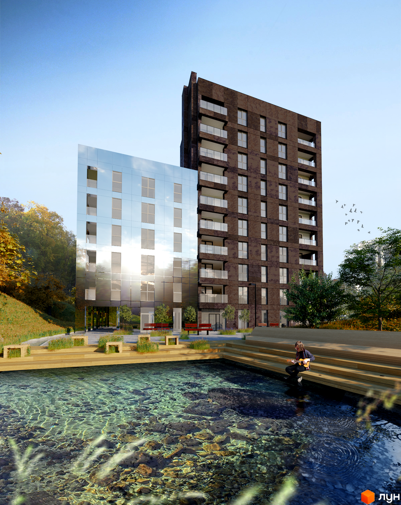 Житловий комплекс Silver Flow: дві будівлі – темно-коричнева та дзеркальна. Прибудинкова територія має водойму з дерев'яними сходами та зеленню.