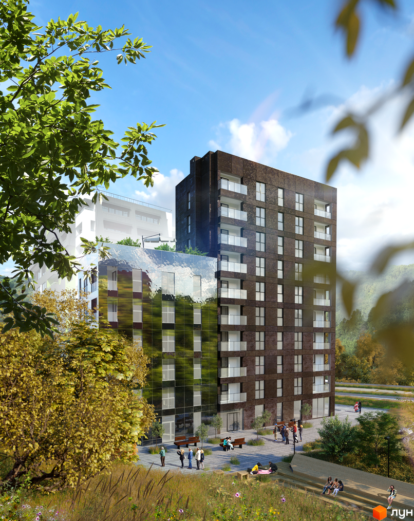 Житловий комплекс Silver Flow представлений високим будинком з темним фасадом та будівлею з дзеркальними вікнами. На прибудинковій території облаштовані зелені зони та місця для відпочинку.