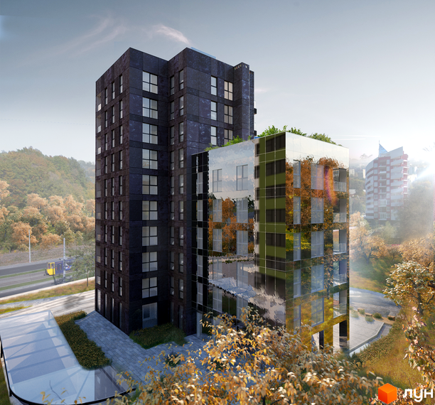 Житловий комплекс Silver Flow: висока темна будівля та нижча дзеркальна секція, що відбиває осінні дерева. Поруч дорога та зелені насадження.