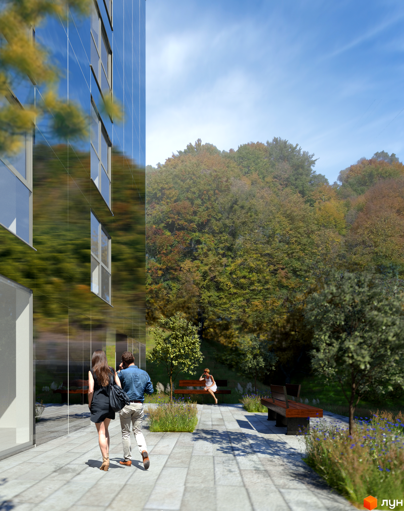 Житловий комплекс Silver Flow з дзеркальною фасадною системою та упорядкованою прибудинковою територією з ландшафтним дизайном та зонами відпочинку.