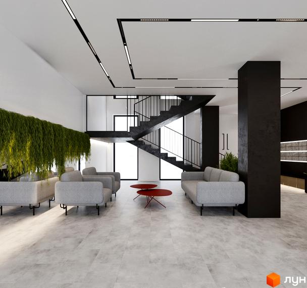 Інтер'єр холу житлового комплексу Silver Flow з диванами, кавовими столиками та сходами. Сучасний дизайн простору для відпочинку та зустрічей.