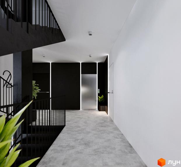 Сучасний дизайн входу в житловий комплекс Silver Flow з елегантною сходовою кліткою та ліфтом. Стильна зона очікування з рослинами.