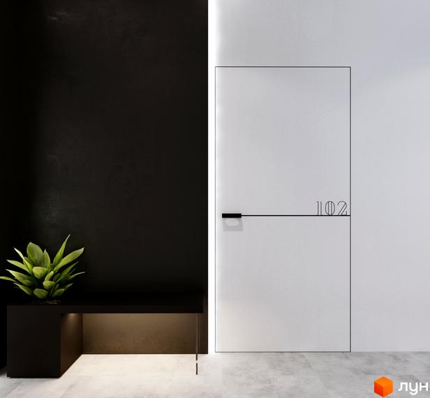 Сучасний інтер'єр з білими дверима та номером 102, поруч чорна стіна з рослиною в кашпо. ЖК Silver Flow.