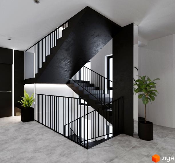 Сучасний інтер'єр сходової клітки житлового комплексу Silver Flow з чорними перилами та рослинами. Дизайн новобудови підкреслює мінімалізм та функціональність простору.