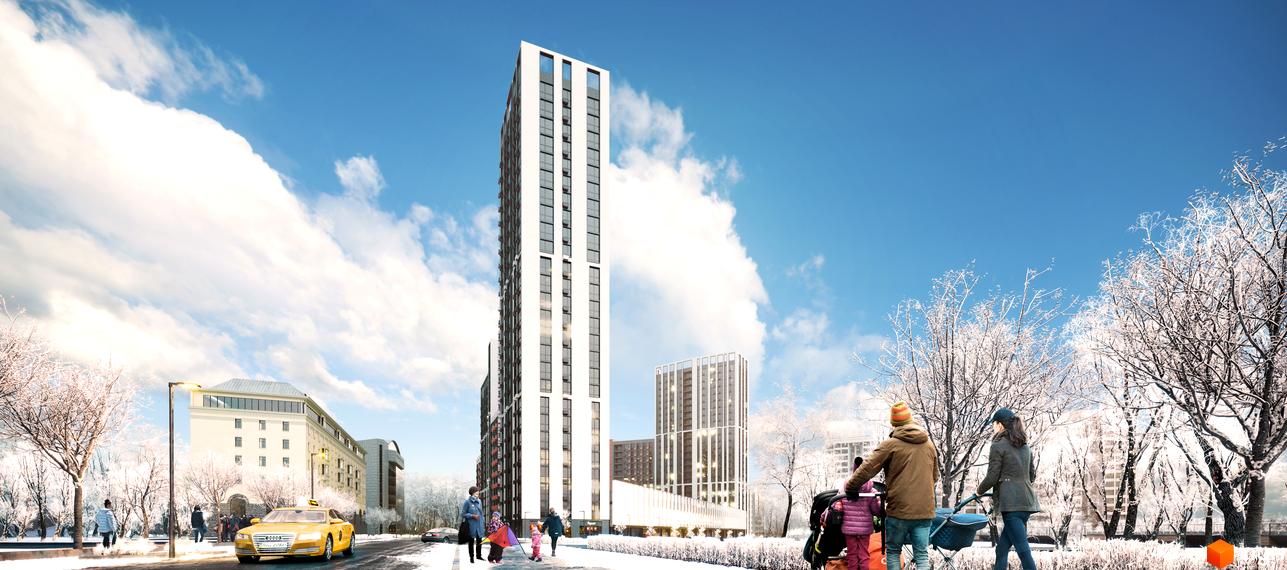Зображення ЖК Start взимку: висотна будівля з великими вікнами, засніжена територія, люди з дитячими візочками та жовте таксі.