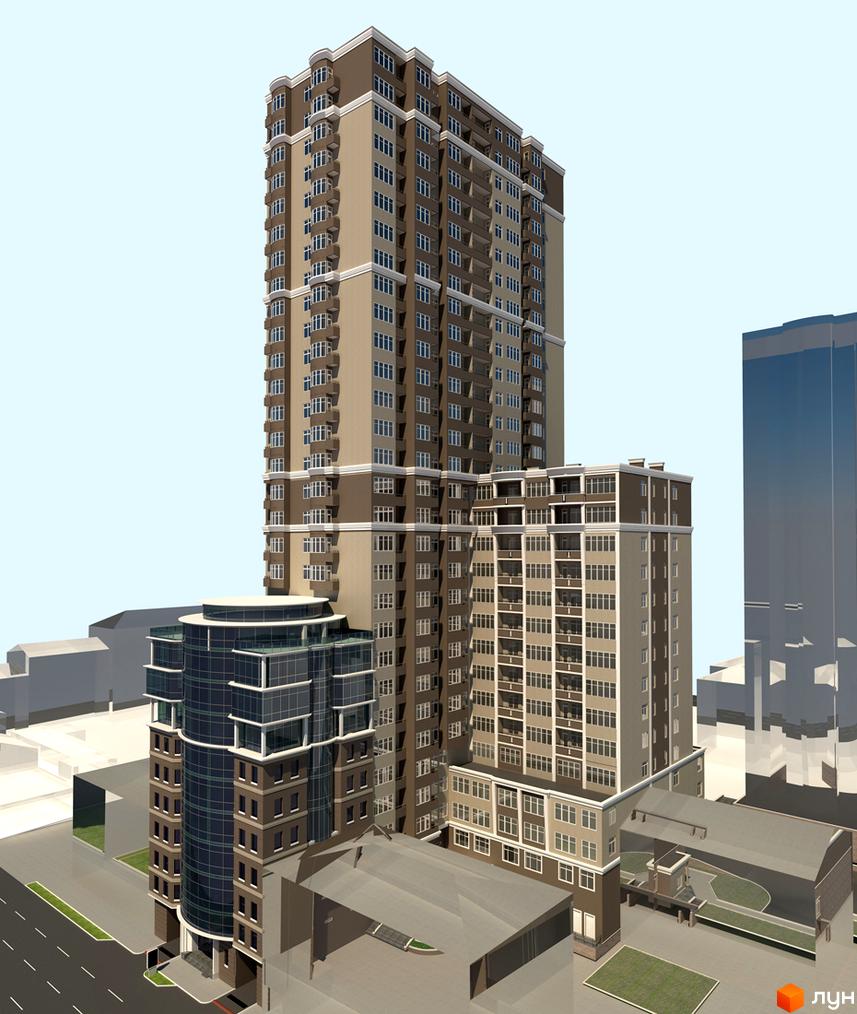 Житловий комплекс ЖК Елегант з висотними будівлями та прибудинковою територією. Сучасна архітектура та зелена зона навколо.