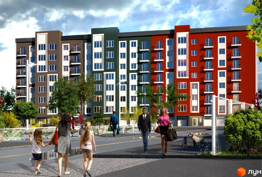 Зовнішній вигляд житлового комплексу Гетьманський з фасадами різних кольорів та прибудинковою територією з людьми та деревами. Новобудова з балконами та великою кількістю вікон.